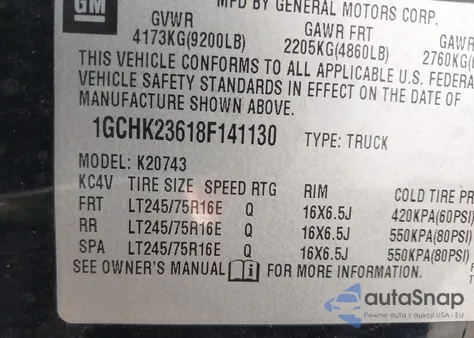 2008 Chevrolet Silverado K2500 Heavy Duty z USA, uszkodzony, nr VIN 1GCHK23618F141130